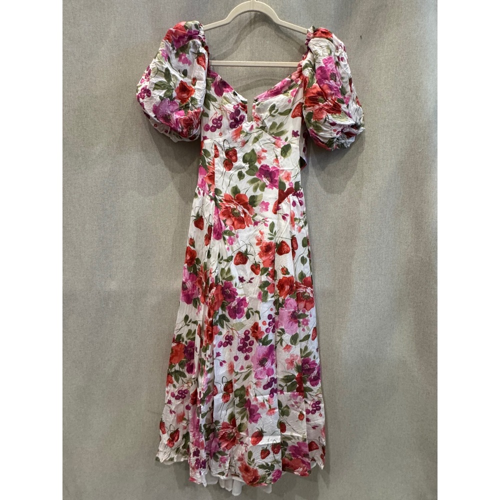 Abercrombie & Fitch Floral Strawberry Puff Sleeve Bow Back Midi Dress XS